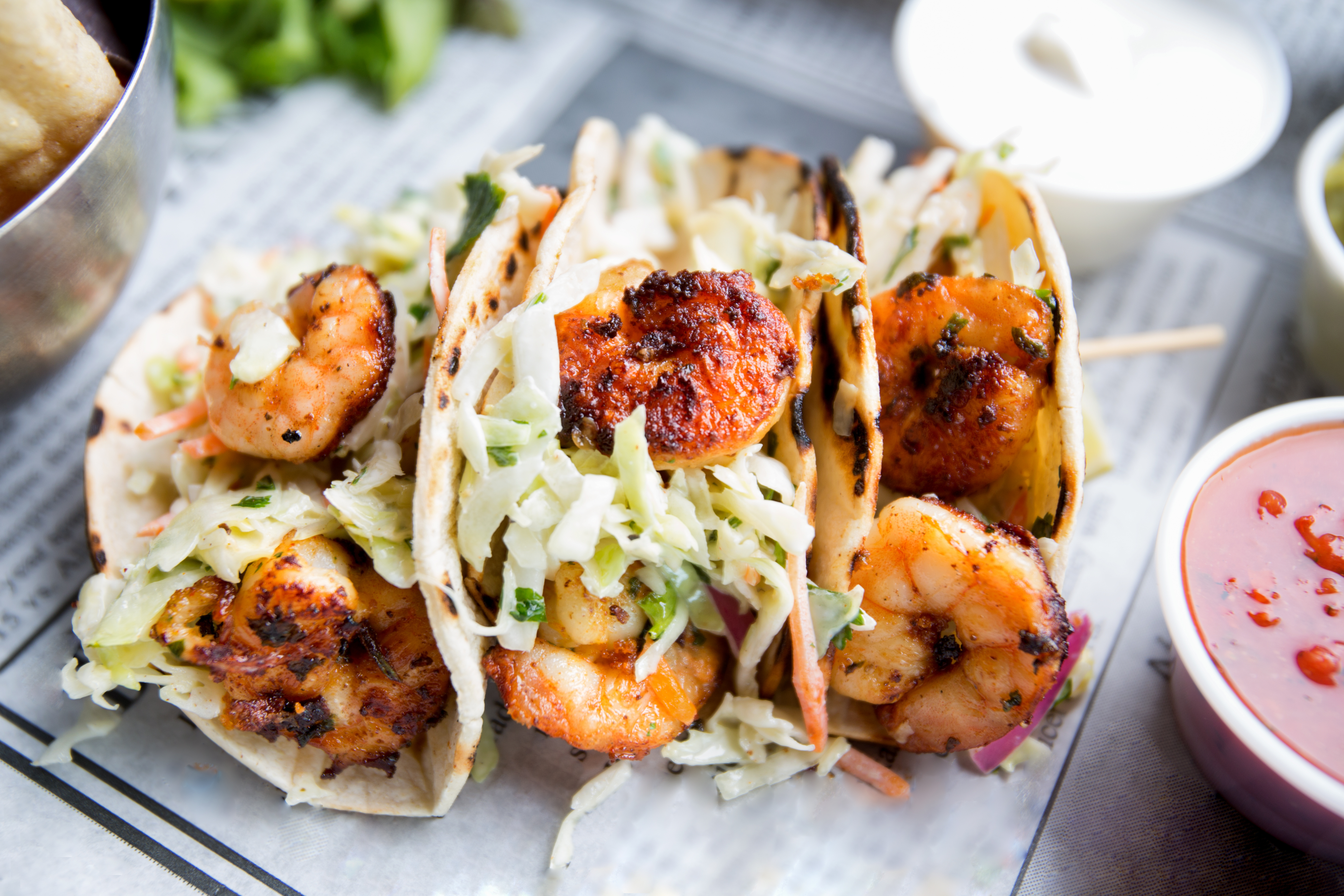 Grilled Shrimp Tacos with cabbage and red onion 